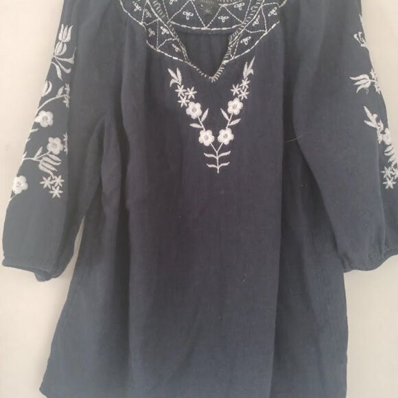 Talbots Women’s Large Embroidered Peasant Blouse Navy Blue Boho Top 3/4 Sleeve - Picture 7 of 8
